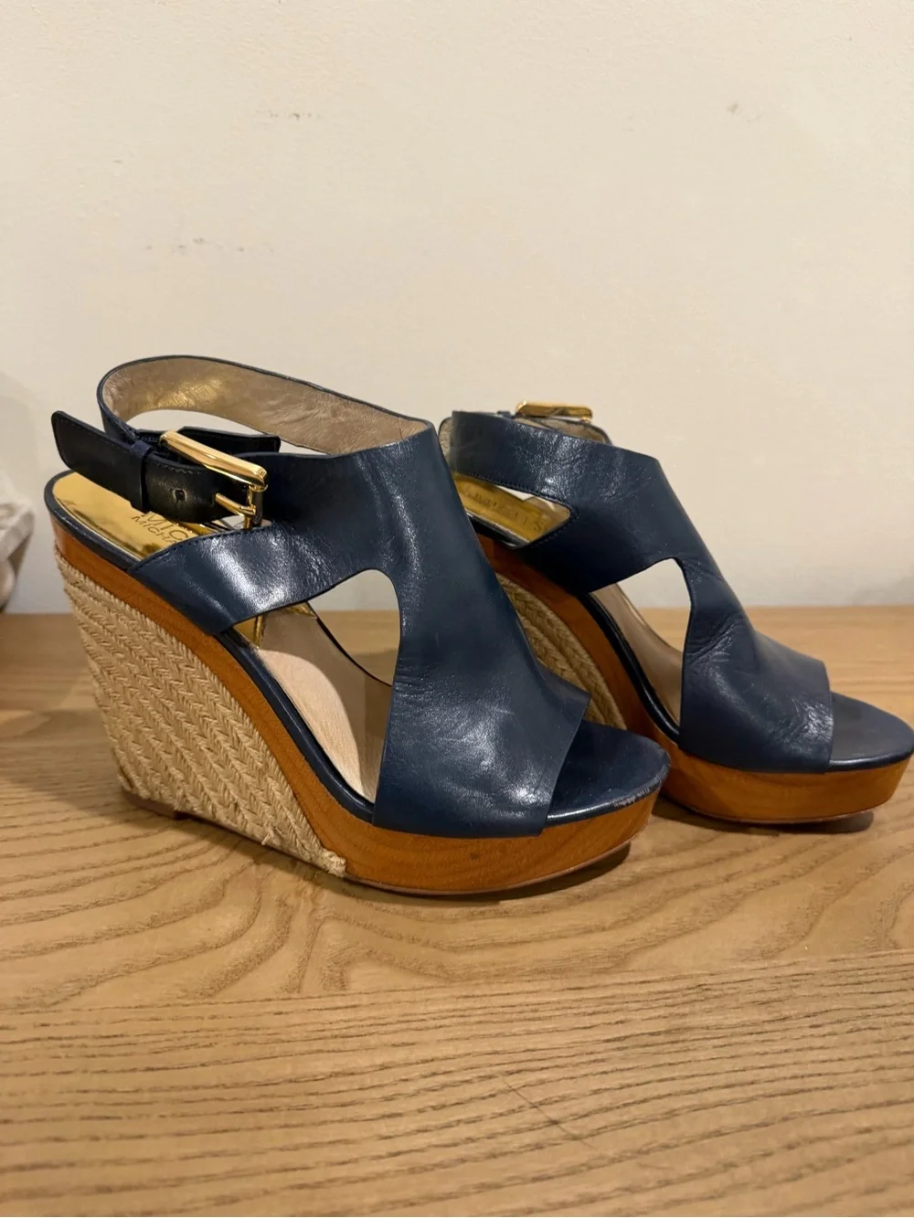 Michael Kors Navy Leather Espadrille Wedge Sandals with Gold Buckle